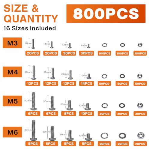 800PCS M3 M4 M5 M6 Phillips Pan Head Screw Assortment Kit - size: M3M4M5M6
