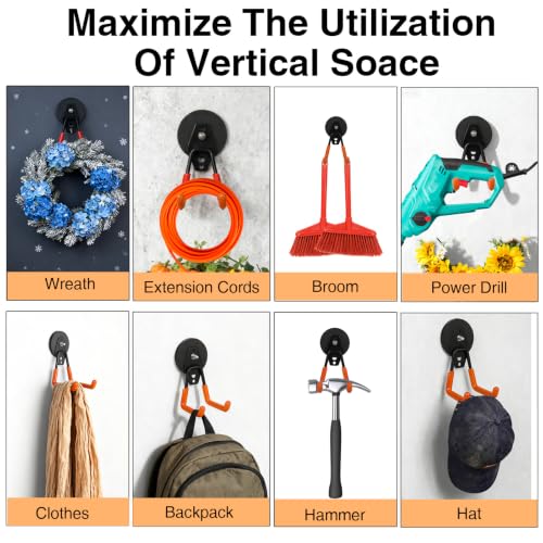 4 Pack Strong Magnet Hooks Heavy Duty, Rubber Coated No Damage Hook for Garage Storage, Dual Hook Design, Large Magnetic Hangers for Tools, Garden, Workshop (Orange2pcs + Black2pcs)