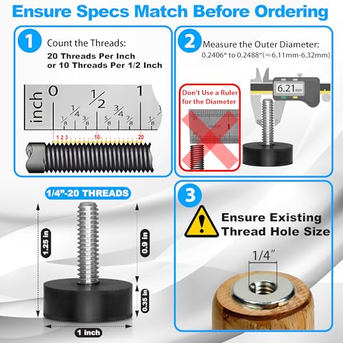 12PK Rubber 1/4"-20 Leveling Feet, Adjustable Levelers with Inserts - size: 1/4"-20 thread