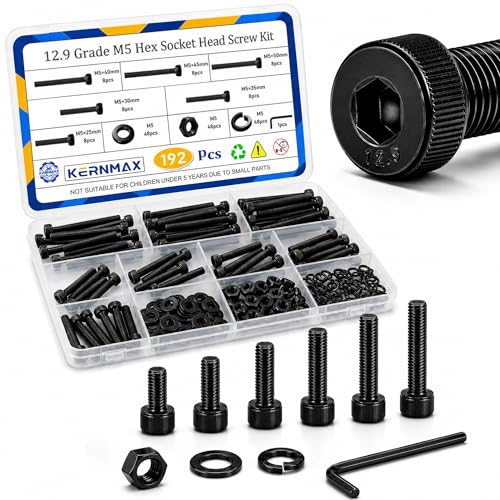 192PCS M5 Screws, M5x25/30/35/40/45/50mm Hex Socket Head Cap Bolts Nuts & Washers Set, 12.9 Grade Alloy Steel, Black Oxide, M5 Screw for Furniture & Repairs - size: M5 192pcs