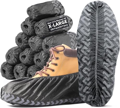 X-Large Shoe Covers Disposable Non-Slip, Non-Woven Fabric Boot Covers, Stretchable Fits Up to Size 13 US Men (Black, 100 Pack) - color: Black, size: 100 Pack