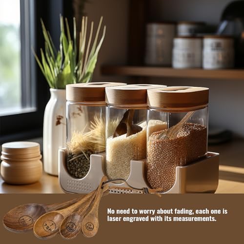Wooden Measuring Cups and Spoons Set - Eco-Friendly Solid Acacia Wood, Laser Engraved Measurements, Perfect for Baking & Cooking - Ideal for Bakers, Chefs & Home Cooks（brown）