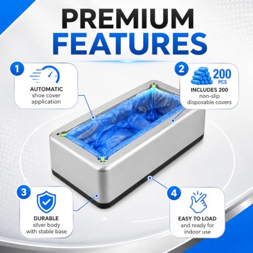 Shoe Covers Dispenser with 200 Pcs (100 Pairs), Disposable Non-Slip Covers, Automatic Shoe Cover Machine deal for House, Hands-Free Design, Fits Most Sizes, Office, Hospital Floor Protection (Silver)