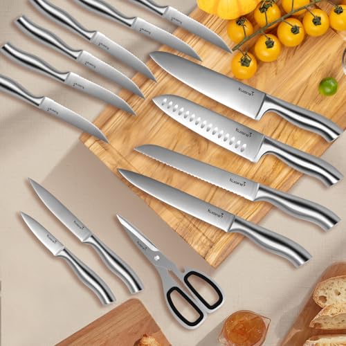 Kuisine Premium Sharp Knife Set Carbon Steel Forged,Ergonomic Handle Knife Block Set,Kitchen Block Knife Set,Chef Knife Set Built-in Sharpener(Silver Pro, 15PCS) - color: ET White