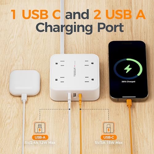TESSAN Surge Protector Power Strip with 900J Surge Protection, 5 Ft, White - color: White with 1 USB C, size: 5 feet