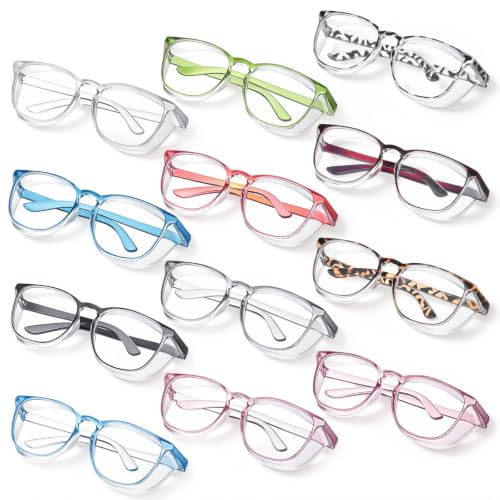 Qianyu 12 Pack Safety Glasses, Goggles Stylish Anti-Fog Protective Eyewear Cute Clear Glasses Multiple Colors Anti-Dust Eyewear for Nurses Women and Men