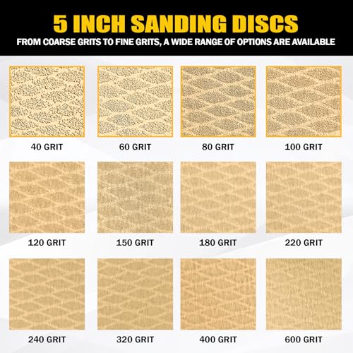 130Pcs 5 Inch 8-Hole Hook&Loop Sanding Discs, 220 Grit Diamond Yellow Sand, Dust-Free/Wear-Resistant, Latex Paper Base (No Fray), 135G Backing for Wood/Metal/Auto, DIY & Pros - style: 5inch-8Hole
