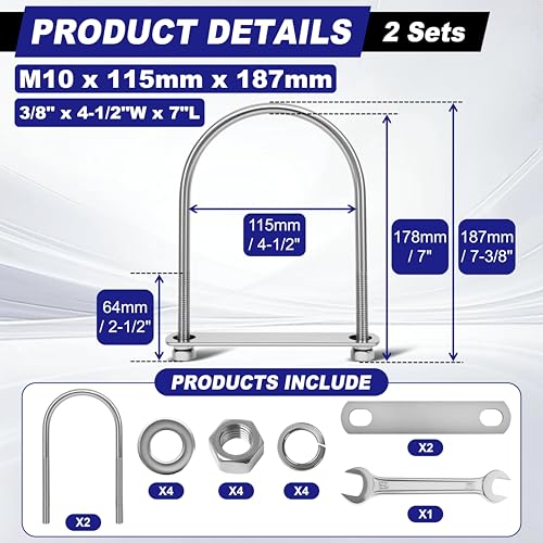 2 Sets M10 U Bolts 4-1/2 Inch Wide, 3/8" x 4-1/2"W x 7" L | 304 Stainless Steel U Bolt Heavy Duty for boat trailer with Nuts, Bolt Plate and Washers,U Bolts 4.5 Inch Wide,Metric bolts - size: M10 x 115mm x 187mm