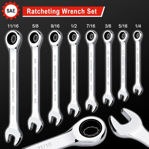 Egofine 8-Piece Ratcheting Wrench Set, Cr-V Steel SAE Wrench Set from 1/4" to 11/16", 72 Teeth Ratchet Wrench, 12 Point Open End & Box End Combination wrench set with Roll Up Pouch - size: SAE-8 piece set