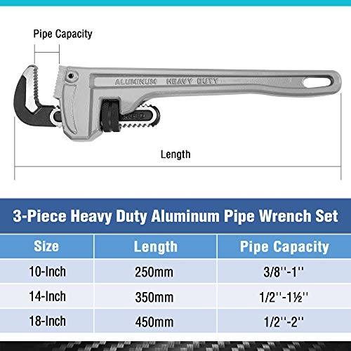 DURATECH 3-Piece Aluminum Straight Pipe Wrench Set, 10",14" and 18" - size: 10, 14, 18-inch, style: Straight