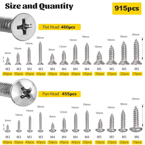 915pcs Self Tapping Screws Assortment Kit, M3/M4/M5/M6 Metric Flat Head & Pan Head Sheet Metal Screws Assorted Set, 304 Stainless Steel Wood Screw - size: 915pcs M3M4M5 Silver