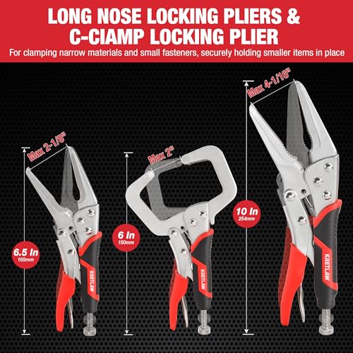 Vice Grips Pliers Set, 6-Piece Locking Pliers Set, 6-1/2”&9-1/2” Long Nose Locking Pliers, 5”, 7” and 10” Curved Jaw Vise Grip Pliers, 6” C-clamp with Rolling Pouch