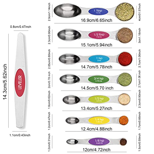 Magnetic Measuring Spoons Set Stainless Steel with Leveler, 8pcs Multicolors Measuring Cups Set for Baking, Measuring Cups and Spoon Set Kitchen Gadgets Apartment Essentials Fits in Spice Jars - color: Multicolor