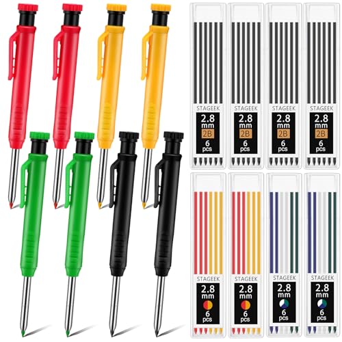 MotiMind 8 Pcs Mechanical Carpenter Pencils, 2.8mm, Black,Red,Yellow,Green - color: Black,Yellow,Red,Green
