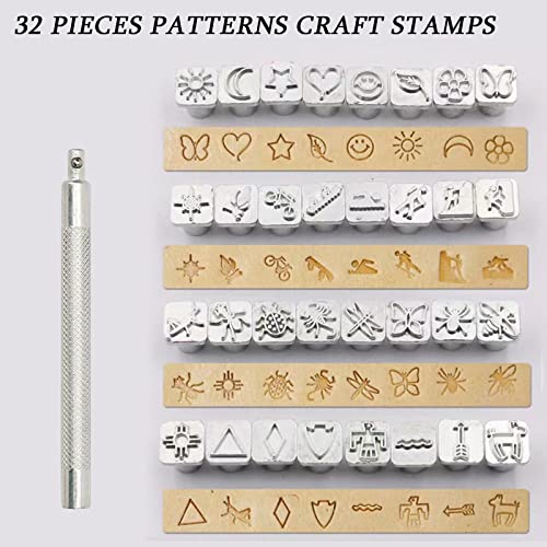 84 PCS Leather Craft Stamping Tools Set, Include 26 6.5mm Alphabet & 10 Number & 32 Patterns Stamp & 12 Tangcao Patterns Stamp & 3 Stamping Handle & 1 Leather Hammer, Leather Craft Stamps - color: 84 Pcs