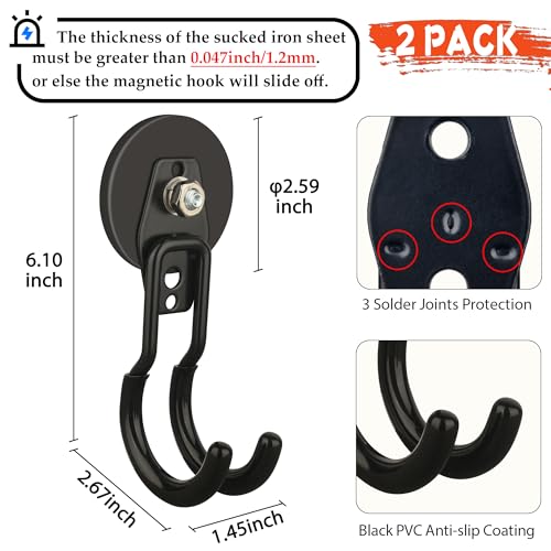 ULIBERMAGNET New Upgraded Garage Magnetic Hooks, 2 Pack Black Heavy Duty Large J Hooks with Magnet, Black Strong Anti-Slip Coating Magnet Hooks for Garden Tools, Ropes,Drill,Metal Cabinet,Pegboard - style: V1 Pro 2.59INCH 2PACK Black Medium Hooks