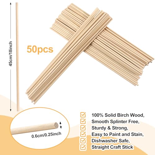 ONUPGO 50 PCS Dowel Rods - 1/4 X 18 Inch Unfinished Round Wood Dowels for Crafts, Cake & Cotton Candy Sticks - size: 1/4"x18"Dowels-50 PCS
