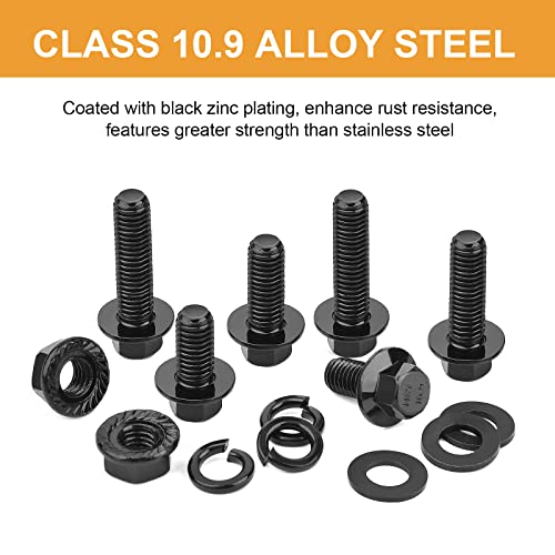 VIGRUE 200Pcs M6-1.0 x 12/16/20/25/30mm Flanged Hex Head Bolts Serrated Flange Nuts Washers Assorment, Black Metric Nut and Bolt Kit, Class 10.9 Alloy Steel - size: M6-1.0