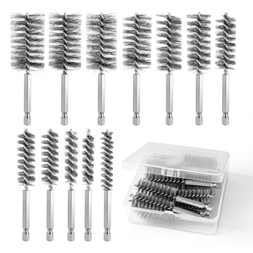 12 Pcs Stainless Steel Wire Bore Brush for Drill with 1/4” Hex Shank, Wire Brush Bore Cleaning Brush Set, Drill Attachment for Tube Cleaning, Pipes, Tubes, Polishing (5/16"-1-3/16")