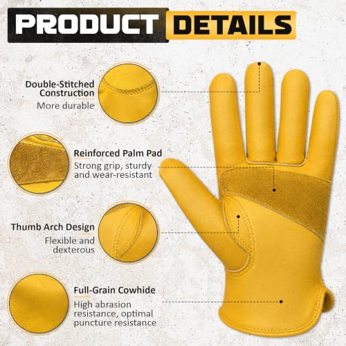 Cowhide Work Gloves Men & Women, Reinforced Palm, Puncture Resistanta - size: Large