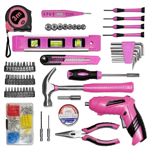 Pink Toolbox Essentials for Women Girls Starter DIY Drilling Kit with Cordless Power Tools, Electric Drill, Hammer, Screwdriver Sets, Mini Hand Tools, and Combo Bits for Home Repair Household Gift