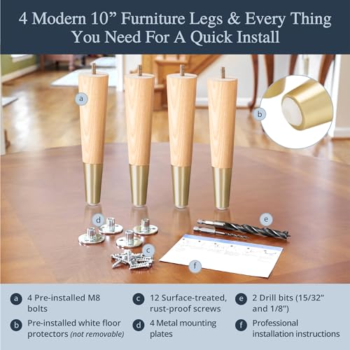 Airy Abode Premium Ash Wood Furniture Legs with Gold Caps (Full Install Kit) - Pick Your Size and Color - color: Ash / Gold, size: 10 Inches