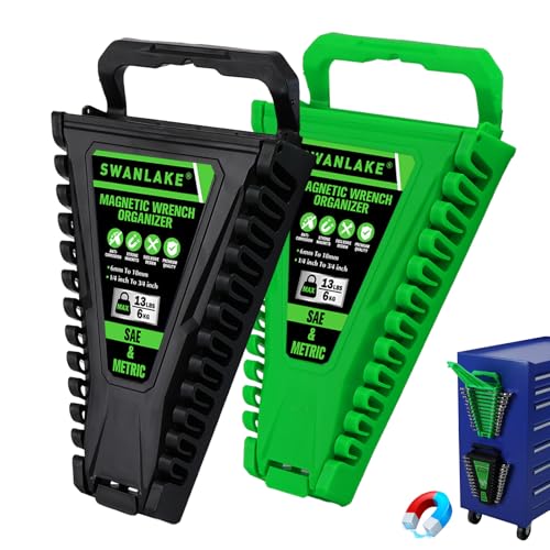 2-Piece Magnetic Wrench Organizer, Metric & SAE Portable Plastic Wrench Holder, 24-Slot Total, Foldable Carrying Handle for Wall-Mounted, Easy-Open Lock Cover, Wrenches Storage Rack Tool for Tool Box - style: 2PCS Green&Black