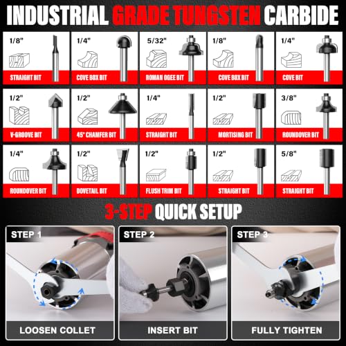 TEENO Wood Router Tool, 6.5 Amp 1.25 HP Wood Routers for Woodworking, 6 Variable Speeds, Aluminum 1/4" Compact Router With 15-Pc Tungsten Carbide Router Bits, Edge & Roller Guides, Carrying Case - color: Silver Red