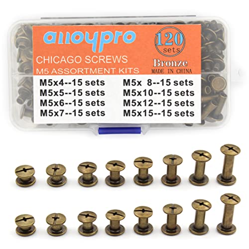 Alloypro 120 Sets Bronze Metal Chicago Binding Screws Assorted Kit Nail Rivet Chicago Button DIY Leather Decoration Bookbinding Round Flat Head Stud Screw(4/5/6/7/8/10/12/15-15pcs) - size: Bronze-4,5,6,7,8,10,12,15