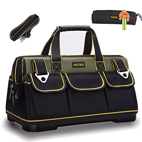 FASTECH 15-inch Wide Mouth Tool Bag with Water Proof Molded Base，Wide Mouth Tool Tote Bag,Waterproof Tool Organizer Bag for Men with Adjustable Shoulder Strap (15 inch) - size: 15 inch-Black-With Bottom Shell