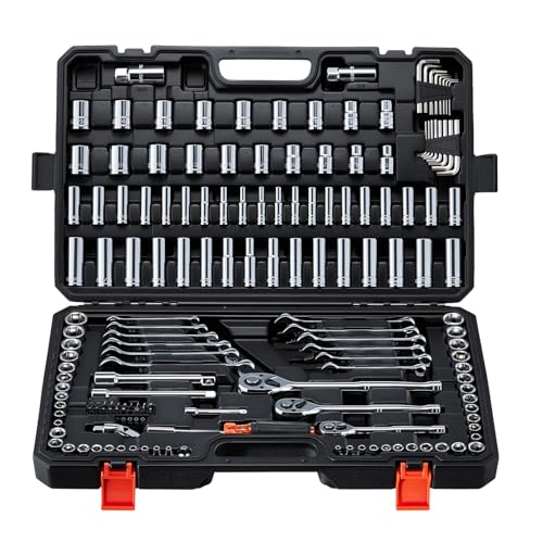 VEVOR Mechanics Tool Set, 159-Piece Mechanic Tool Kit, 1/4 in, 3/8 in, and 1/2 in Drive, SAE and Metric Socket Set, Wrenches, Screwdriver Bits, Accessories, and Storage Case, for Automotive Repair - size: 159-PCS