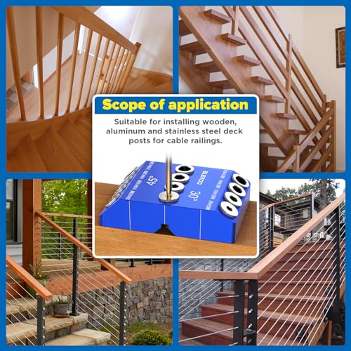 BLEKOO Blue Angled Drill Guide Jig with 4 Bits for Wood Posts & Cable Railing Lag Screw Kit, Durable All Metal Drill Jig for Drilling 30°, 45°, 90° Degree Angle Holes - color: Blue