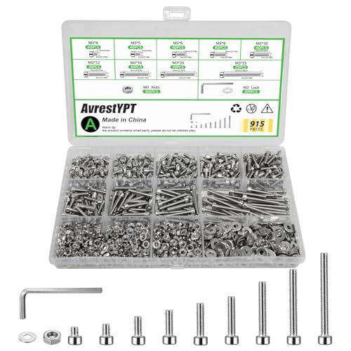 915Pcs M3 Screws Assortment, Hex Socket Head Cap Screw Bolts Nuts Washer Kit, Stainless Steel,9-Sizes M3x4/5/6/8/10/12/16/20/25mm Screws for 3D Printer DIY - size: M3 x 4/5/6/8/10/12/16/20/25-915Pcs