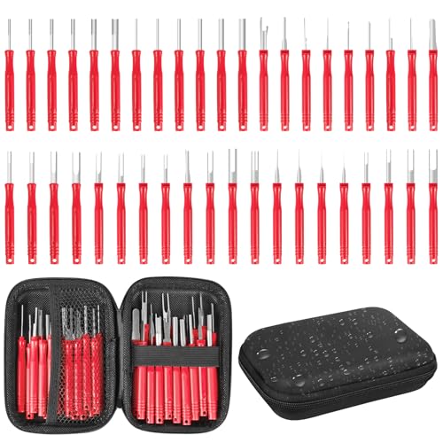 Kikerike Terminal Removal Tool Kit 41 Pcs Depinning Tool Electrical Connector Pin Removal Tool Kit Pin Extractor Tool Set Wire Terminal Release Tool for Automotive Car Household Devices - Red - color: 41 PCS - Red Round Handle