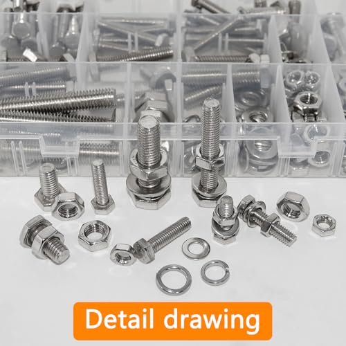 248Pcs M6 M8 M10 Screw Set Metric Bolt Assortment 304 Stainless Steel Nuts and Bolts Set Flat & Spring Washers Hex Head Cap Screws Bolts and Nuts Kit Includes 10 Common Sizes Fully Thread - size: M6 M8 M10-248Pcs