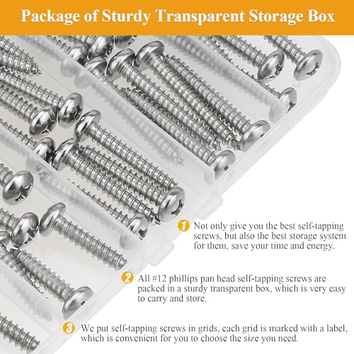 51 Pieces #12 x 3/4" 1" 1-1/4" 1-1/2" 2" Wood Screws Set, Phillips Pan Head #12 Self-Tapping Screws Assortment Kit, 304 Stainless Steel - size: #12, style: Phillips Pan Head