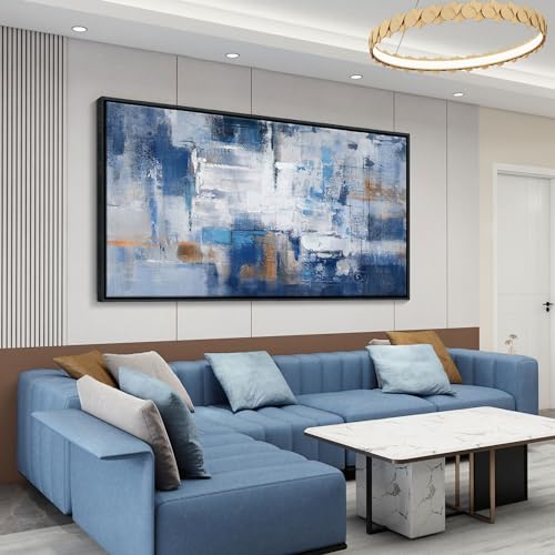 KLAKLA Navy Blue Abstract Canvas Wall Art - Black Frame Artwork Picture Living Room Wall Decor Modern Paintings Large Wall Art for Bedroom Home Decoration - color: Blue-White-Gray + Black frame, size: 48"L x 24"W