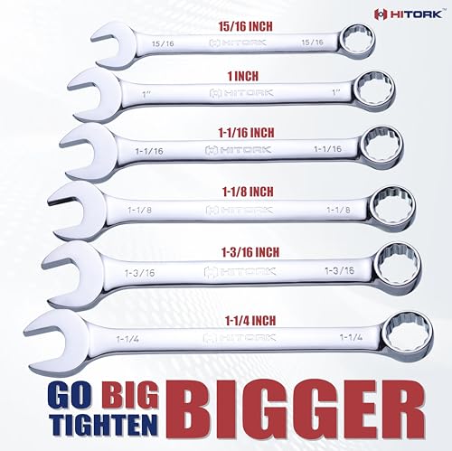 Hitork 6-Piece Large SAE Wrench Set, 12-Point Box End, Drop Forged Chrome-Plated Cr-V Steel, 15° Offset, Polished, Roll Pouch Included – Sizes 15/16” to 1-1/4”