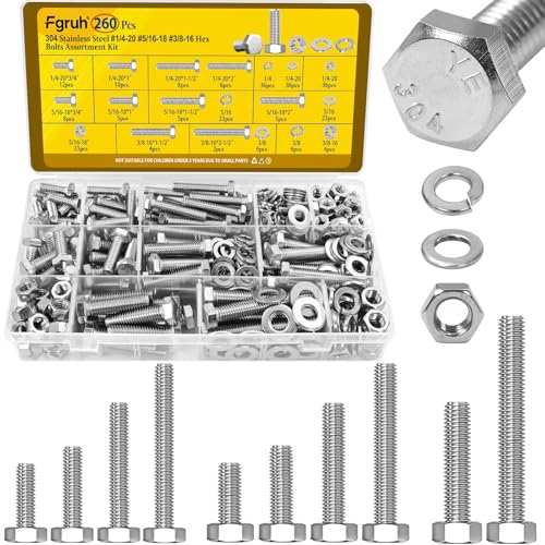 260PCS 1/4-20, 5/16-18, 3/8-16 Hex Bolts Assortment Kit,304 Stainless - size: SS 1/4-20 5/16-18 3/8-16 260pcs