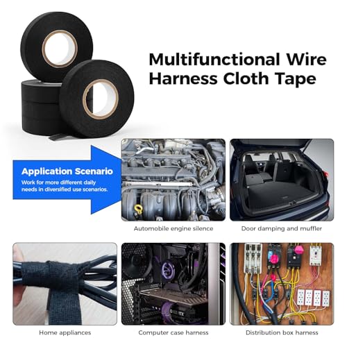 Wire Harness Automotive Cloth Tape, Adhesive High Noise Resistance Heat Proof, Chemical Fiber Fabric Electrical Tape for Wrapping Wiring Harness/Insulation (5 Rolls 3/4 Inch x 50 FT)