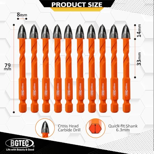 BGTEC Cemented Carbide Drill Bits Masonry Drill Bits, 10pcs Quick-fit Shank 8MM Cross Spiral Hard Alloy Drill Bit for Wood Plastic Masonry Ceramic Tile Concrete Marble - size: 10pcs 8mm
