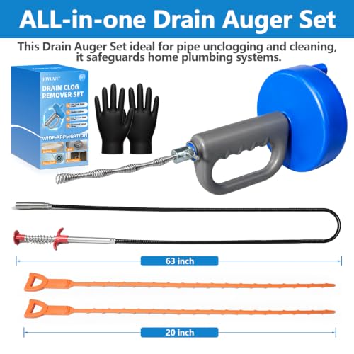 Drain Snake 5Set-33Ft Drain Clog Remover,62inch Heavy Duty Plumbing Snake,20inch Hair Clog Remover,Gloves for Bathtub,Toilet,Sewer,Kitchen Sink,Drainage Pipe(Blue) - style: 5SET Manual Heavy Duty