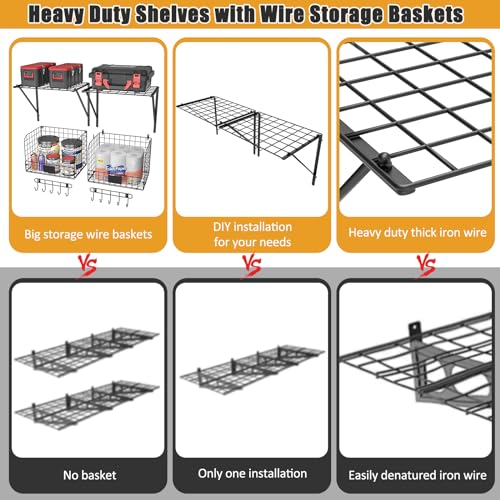 ThreeHio 2 Pack Garage Shelves Wall Mounted with Wire Baskets, Heavy Duty Garage Wall Shelving with Hooks, Wire Shelf Baskets Tool Organizer for Home Garden Garage Organization and Storage