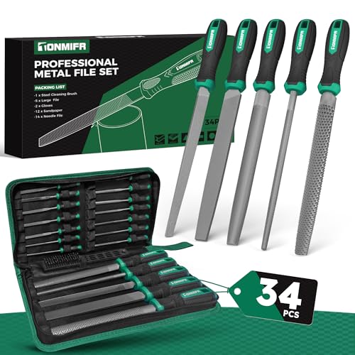 Professional Metal File Set 34Pcs Industrial Grade High Carbon Steel,5 Shapes (Flat/Half Round/Round/Triangle/Square) for Hardened Steel, Metalworking Tools with Storage Case,14 Needle Files