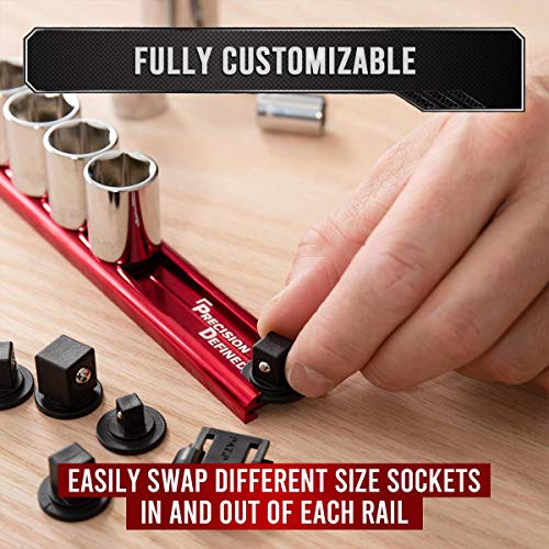 Precision Defined Aluminum Tool Socket Holder 3-Piece Set | Red, 1/4-Inch x 16 Clips, 3/8-Inch x 16 Clips, 1/2-Inch x 14 Clips | 360 Rotation - Heavy Duty Socket Rails Organizer, Socket Storage - color: Red