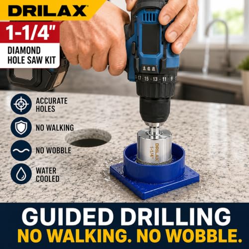 Drilax 1-1/4 Inch Diamond Hole Saw with Water Guide, Tile Drill Bit for Ceramic Porcelain Glass, Quartz Granite Countertop Drill Bit, Wet Cutting Kit with 3/8 Inch Shank - size: 1-1/4 inch