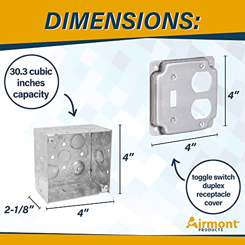Pack of Box and Cover 4'' Square Electrical Box, 1 Toggle Switch, 1 Duplex Receptacle Exposed Work Cover, Crushed Corners, Welded Construction, Ten 1/2'' and Six TKO Knockouts, Raised Ground, 2-1/8'' - size: Duplex / Toggle