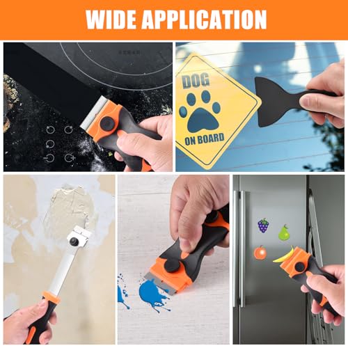 NECAMOCU 4 Pack Razor Blade Scraper, Includes 50 PCS Metal & Plastic Blades - color: Orange