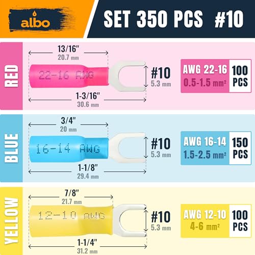 ALBO 350 Pcs Heat Shrink Fork Terminal Kit, 22-10 AWG, Red Blue Yellow - color: Fork Set 350pcs #10 AWG 22-10