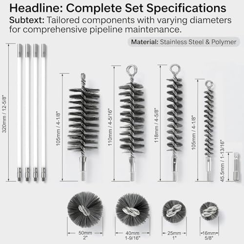 QWORK 50" Pipe Cleaning Brush Set with Stainless Steel Bristles and 4 Flexible Rods, Wire Tube Brush Kit for Auto Parts Bottles Valves Pipes Lab Equipment, 4 Brush Heads 3/5" 1" 1-3/5" 2"